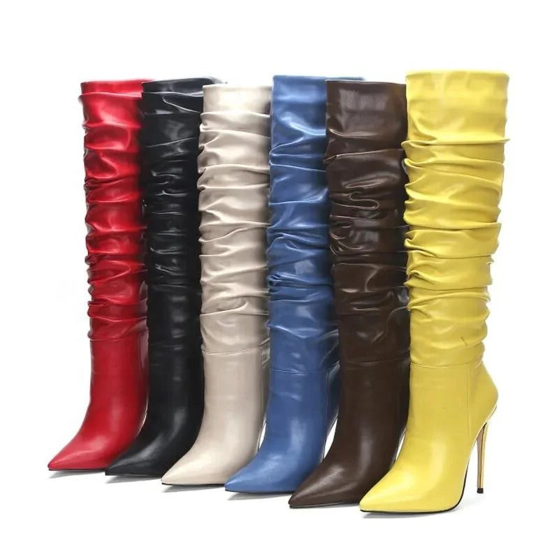 2019 Winter Fashion Large Size Pleated PU Leather Knee High Long Boots