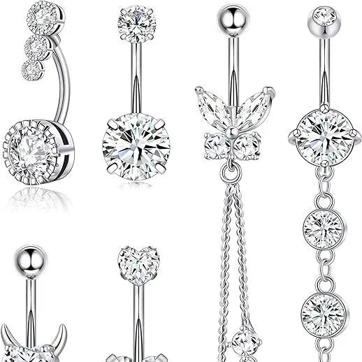 6 Pcs/set Elegant Stainless Steel Tassel Double Layer Fashion Gold Silver Navel Rings Women Body Piercing Jewelry Set