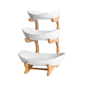European Style Detachable Three Layers Bamboo Wood Frame Ceramic Fruit Plate Dish