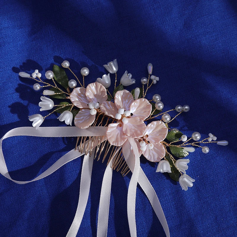 Bridal Pink Color Acrylic Flower Wedding Hair Combs Women Pearl Tape Bridal Hair Combs