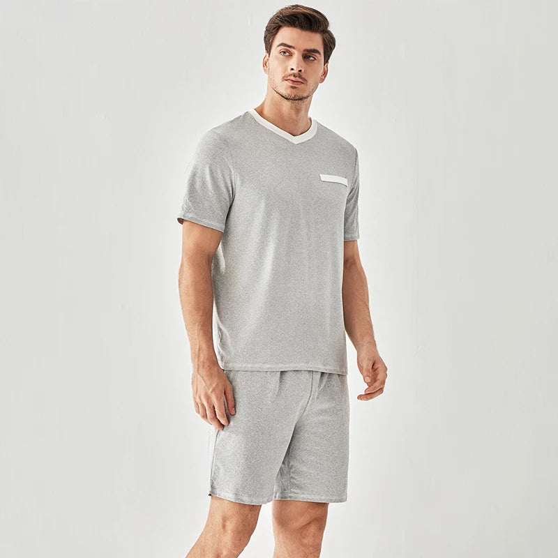 Summer Short 2 Piece Men's Sleepwear Contrast Trim Pyjama V Neck Custom Mens Pajamas