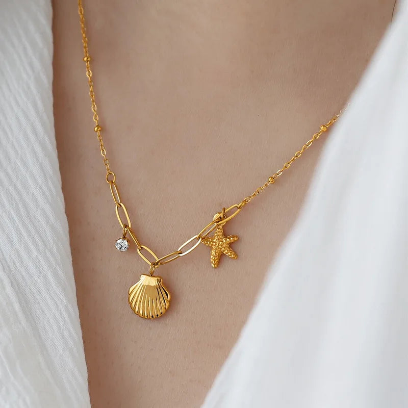 Luxury Stainless Steel Shell Necklace Waterproof 18K Gold Plated Chocker Necklace Starfish Clavicle Necklace for Women