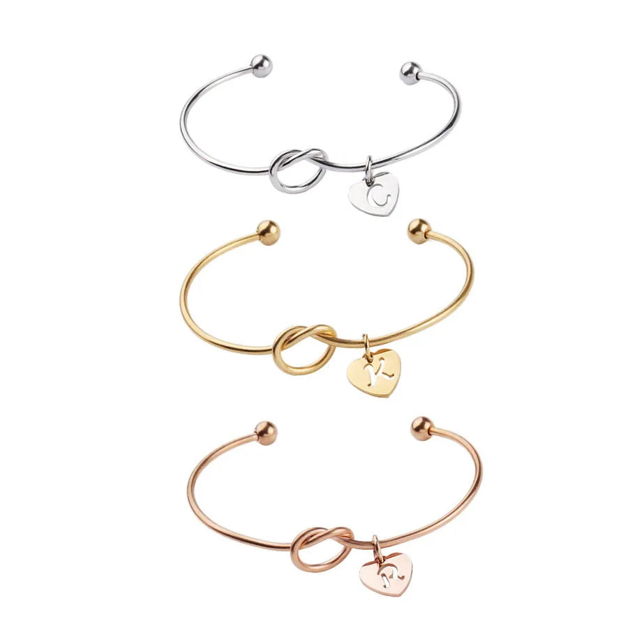 Silver Gold Rose Gold DIY Personalised Bracelet with Alphabet Letter Open Knot Stainless Steel Fashion Bangle Knotted Love Style