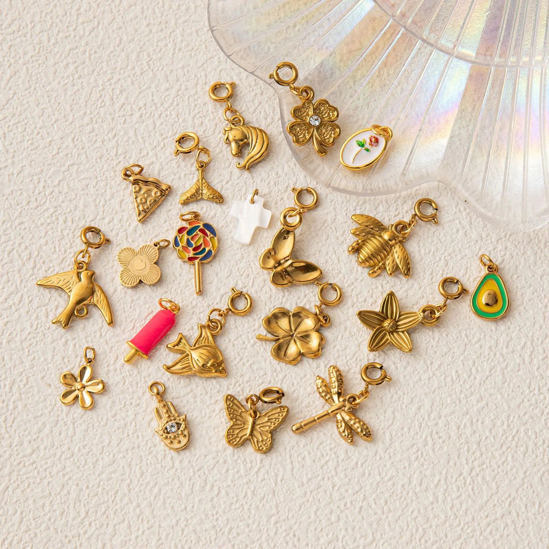 Women DIY Collection Stainless Steel Pendant Necklace Heart Pattern 18K Gold Plated Zircon Inlaid Clover Fish Charm for Jewelry