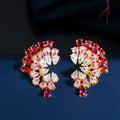Symmetrical Cute Design Fancy Peacock Gradient Color Rose Red Pink Cubic Zircon Gold Plated Fashion Big Stud Earrings for Women