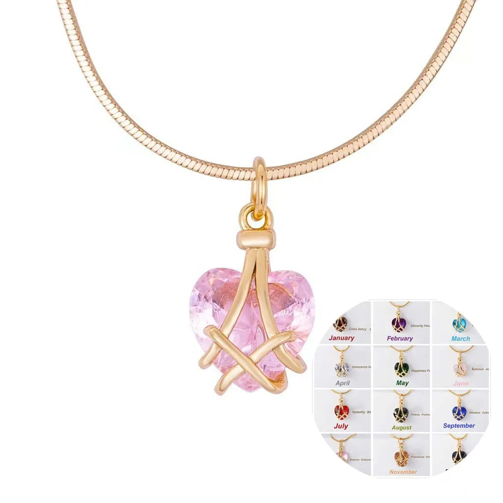 Tarnish Free 12 Months Love Heart Pendant Necklace Real 18k Gold Plated  Stainless Steel Crystal Heart Birthstone Necklace