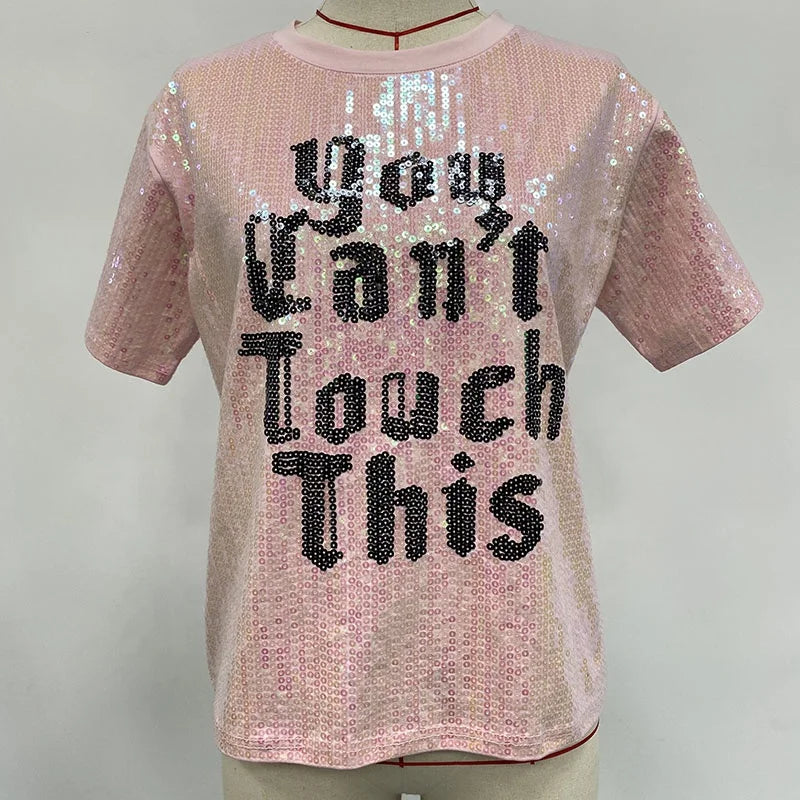 Fashion Pima Cotton Round Neck Short Sleeve Ladies Sequin Tee Shirts Custom Lettering Sequin Logo Women Knitting T Shirts