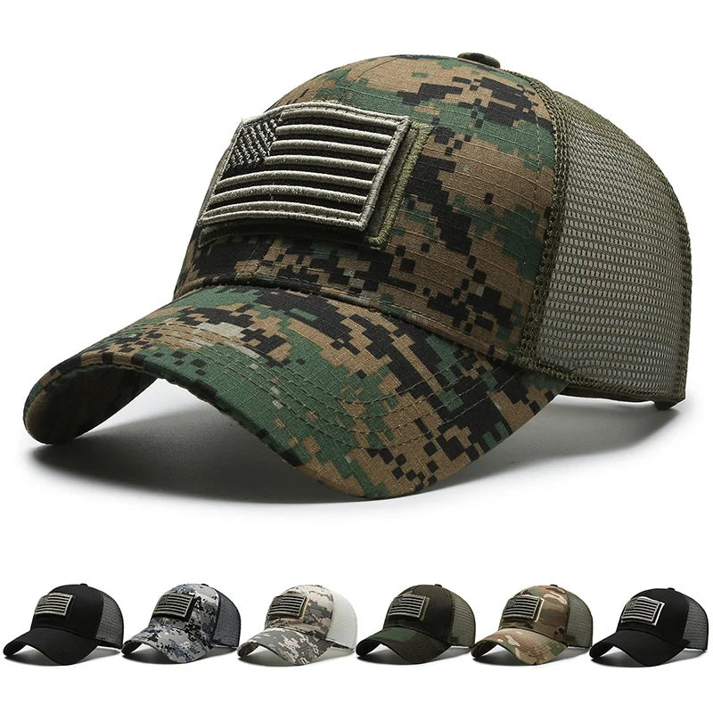 Custom Flag Logo Applique Embroidery Sporty USA Camo Canvas Trucker Hat High Quality Breathable 6 Panel Blank 100% Cotton