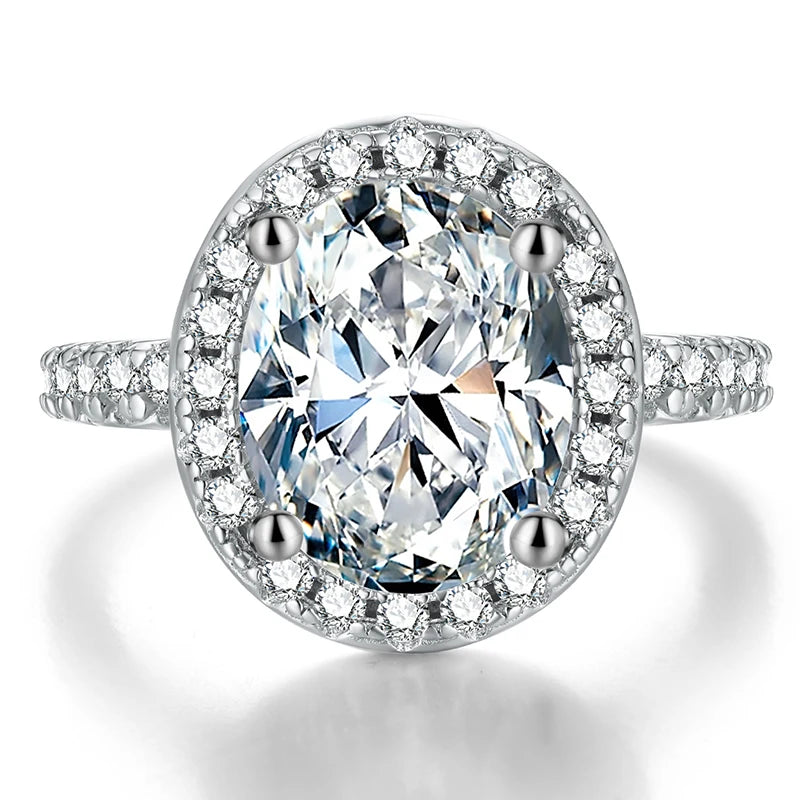 Luxury Wedding Jewelry Single Huge Oval Cut 3ct  Diamond Moissanite Halo Rings White Gold Plated 925 Silver for Women
