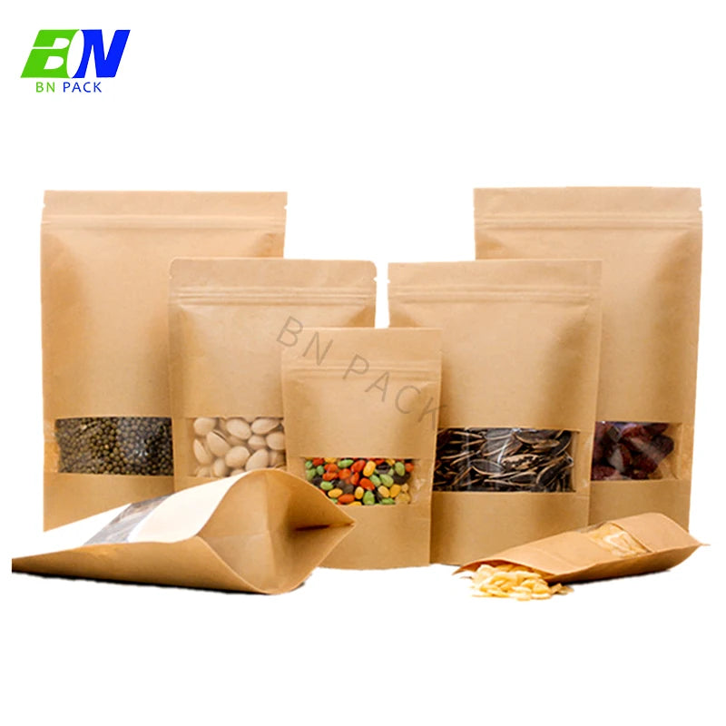 Food Grade Compostable Biodegradable  Kraft Paper Coffee Packaging Bag with Window Zip Packing Pouch