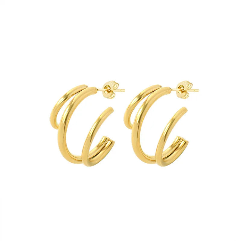 Fashion Simple Jewelry Stainless Steel Gold Plated Multi Layer C-Shaped Hoop Earrings