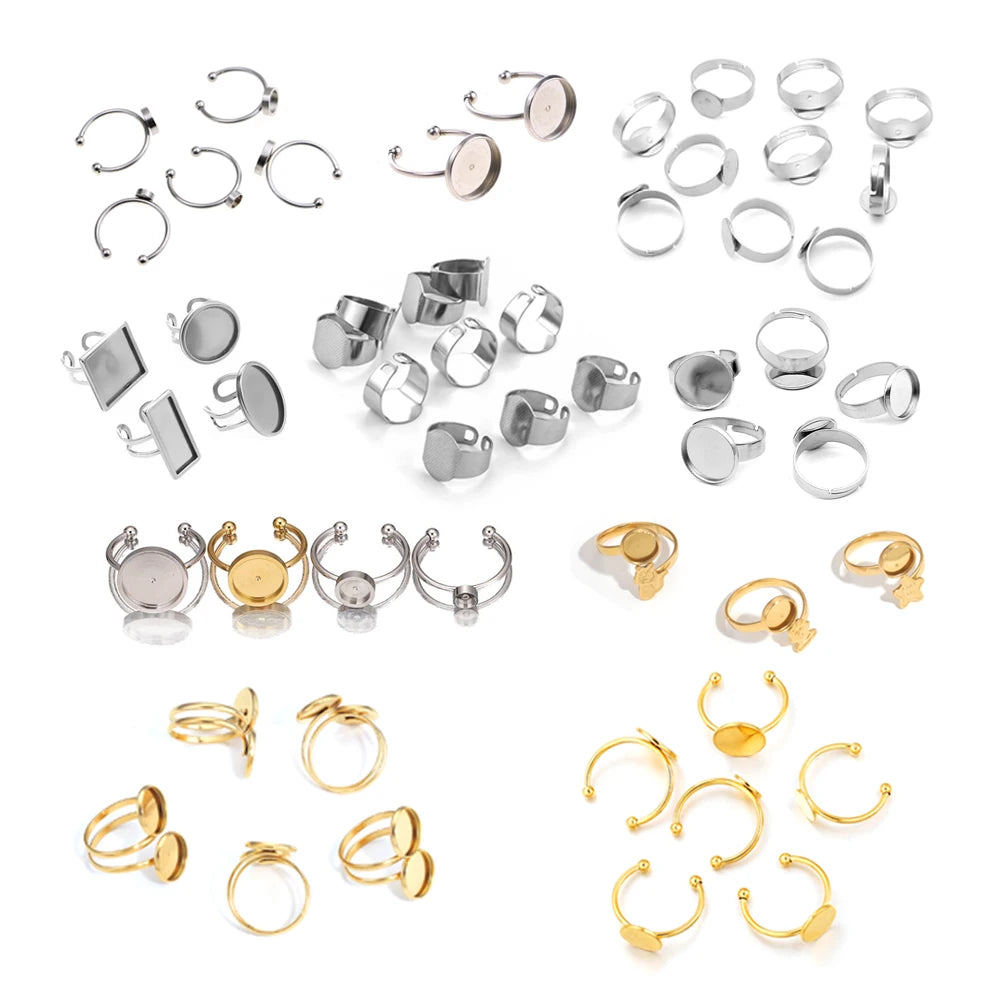 2-20pcs/bag Stainless Steel Ring Findings Blank Adjustable Gem Ring Bezel Tray 8mm12mm Circle Square Rectangle Ring Base Setting