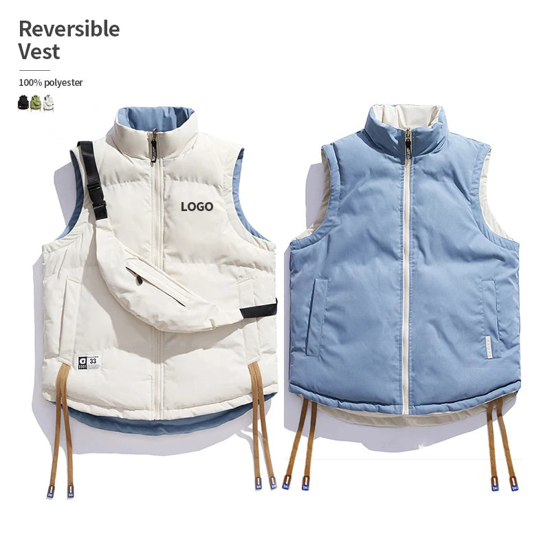 Free Crossbody Bag Reversible Water-Repellent Puff Polyester Fabric Padded Cotton Filling Puffer Sleeveless Jackets Men