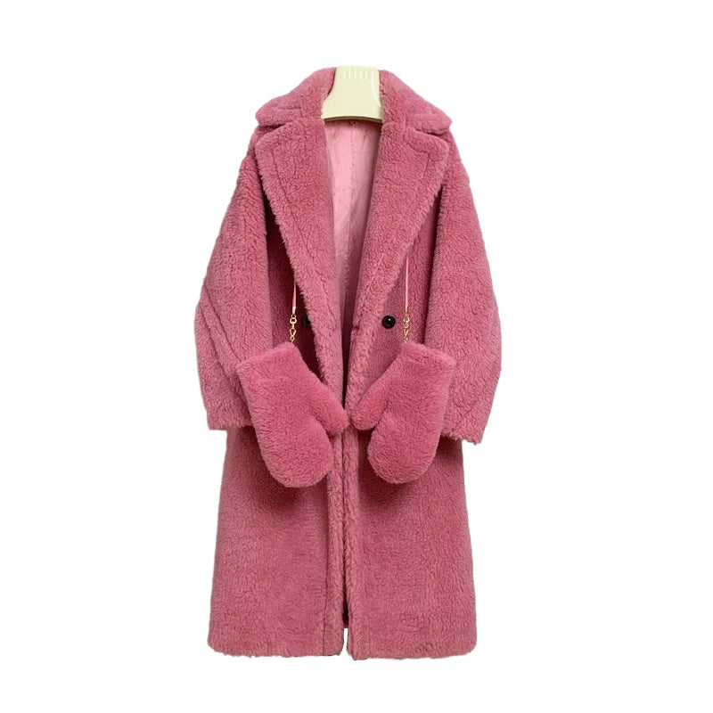 2023 Custom Turn Down Collar Genuine Alpaca Wool Coat Winter Long Teddy Coat Women With Gloves