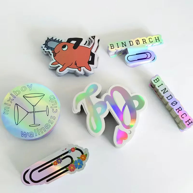 UV Resist Waterproof PVC Adhesive Rainbow Silver Laser Hologram Sticker Label Custom Logo Die Cut Glitter Holographic