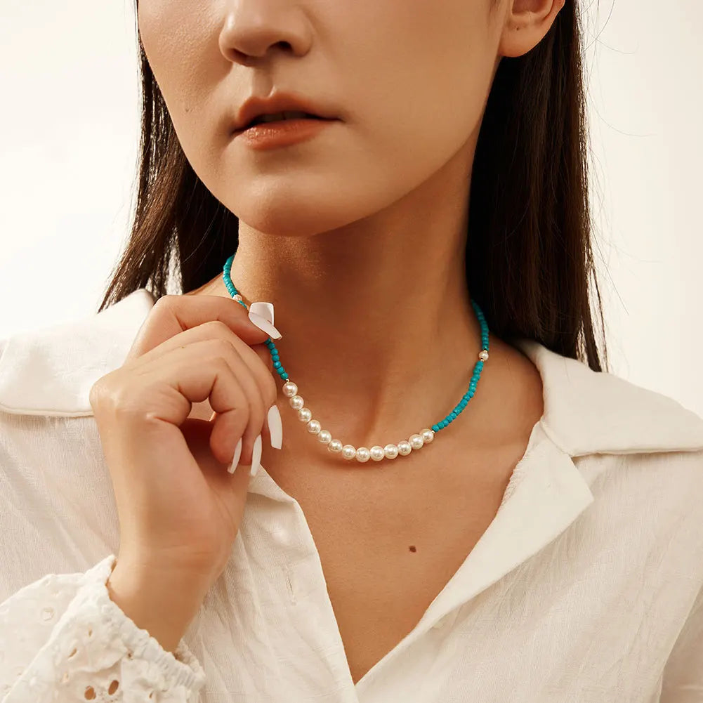 RINNTIN GMN54 Natural Turquoise Beaded Choker Necklace High Quality 925 Sterling Silver Shell Pearl Necklace Jewelry Women