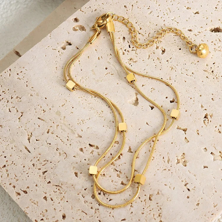 Light Luxury High-End Square Double Layers Anklet Fashion Stainless Steel 18K Gold Plated Anklet Bijoux Acier Inoxydable 2023