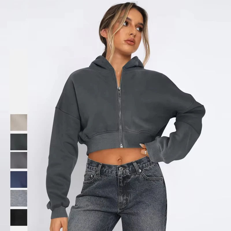 Street Wear Drop Shoulder Hoodie Dark Grey Fleece Long Sleeve Cropped Jackets Sweater Crop Top Zipper Hoodie for Women