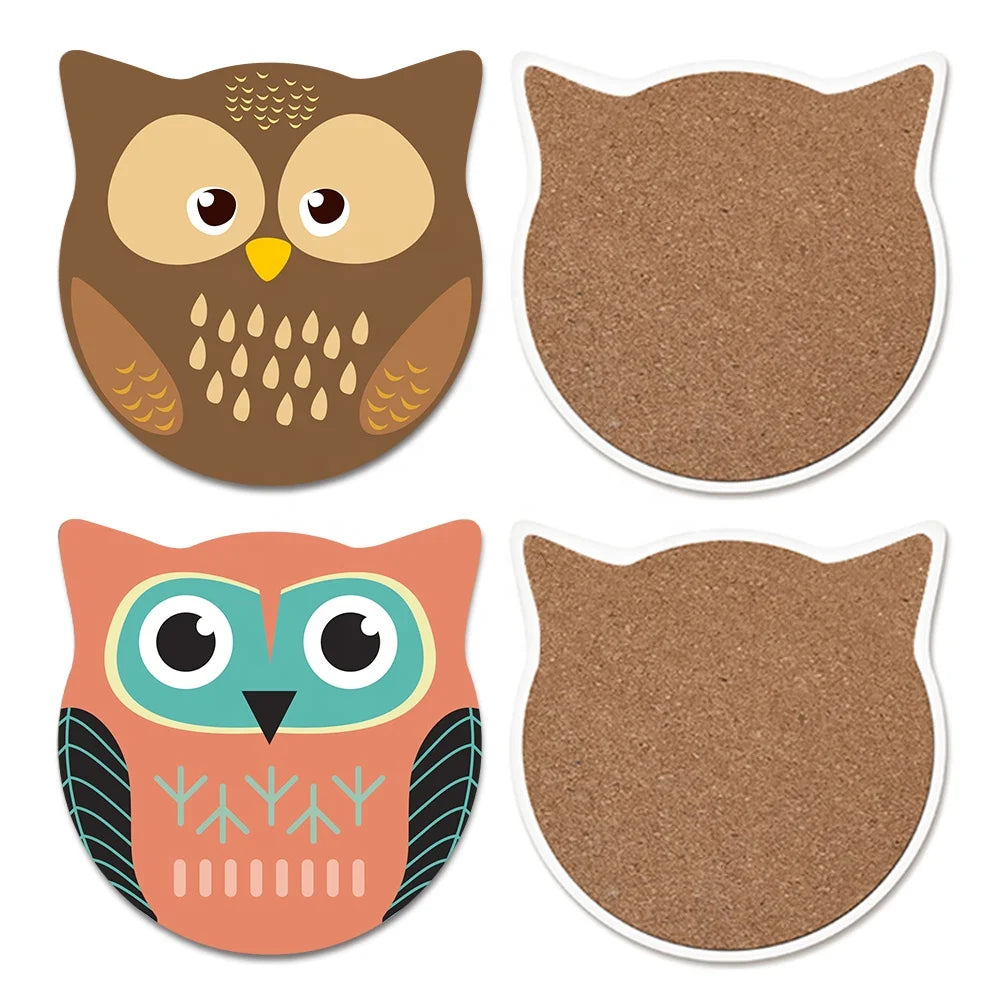 New Designs Owl Coasters Set Cork Back Blank Coaster UV Print DIY Animal Owl Ceramic Eco-Friendly Absorbent Coaster