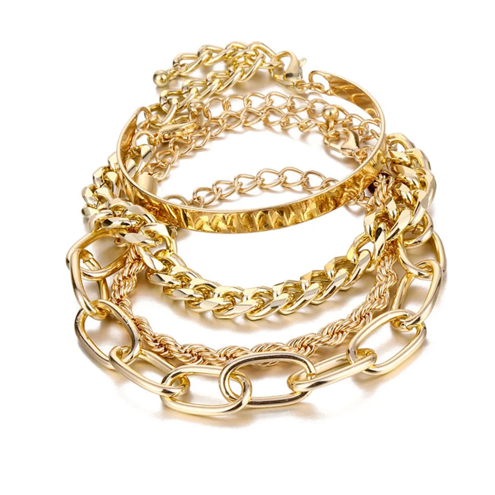 Punk Miami Hip Hop Ladies Diamond Stainless Steel 18K Gold Plated Strand Bracelet Set for Anniversary