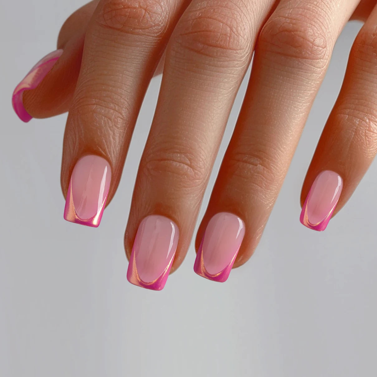 Short Square Reusable Fake False Nails Wholesale Custom Logo Chrome Pink French Tip Valentine Soft Gel Press on Nails En Gros