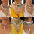 Original New Fashion Mixed Color Bohemian Rice Beads Multi-layer Pentagram Pendant Necklace