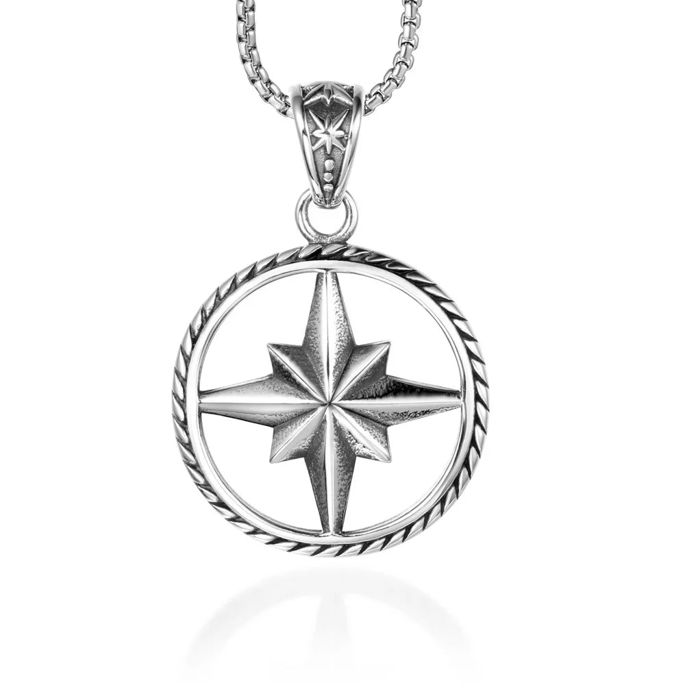 Punk Casting Stainless Steel Geometric Round Men's Fine Necklace North Star Pendant for Birthday Gift Jewelry