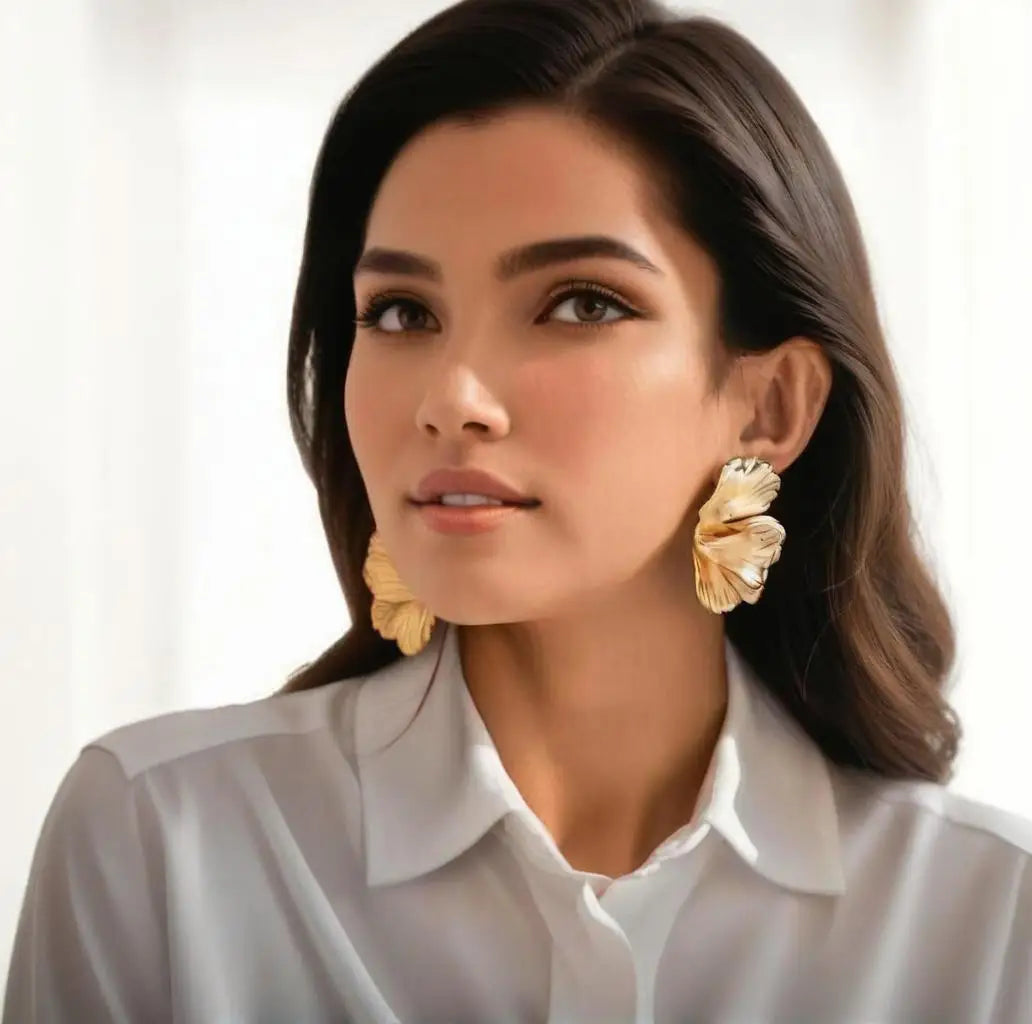 SHIXIN Goth Geometric Metal Petal Flower Stud Earrings for Women Fashion Statement Trendy Gold Color Piercing Earrings Y2K