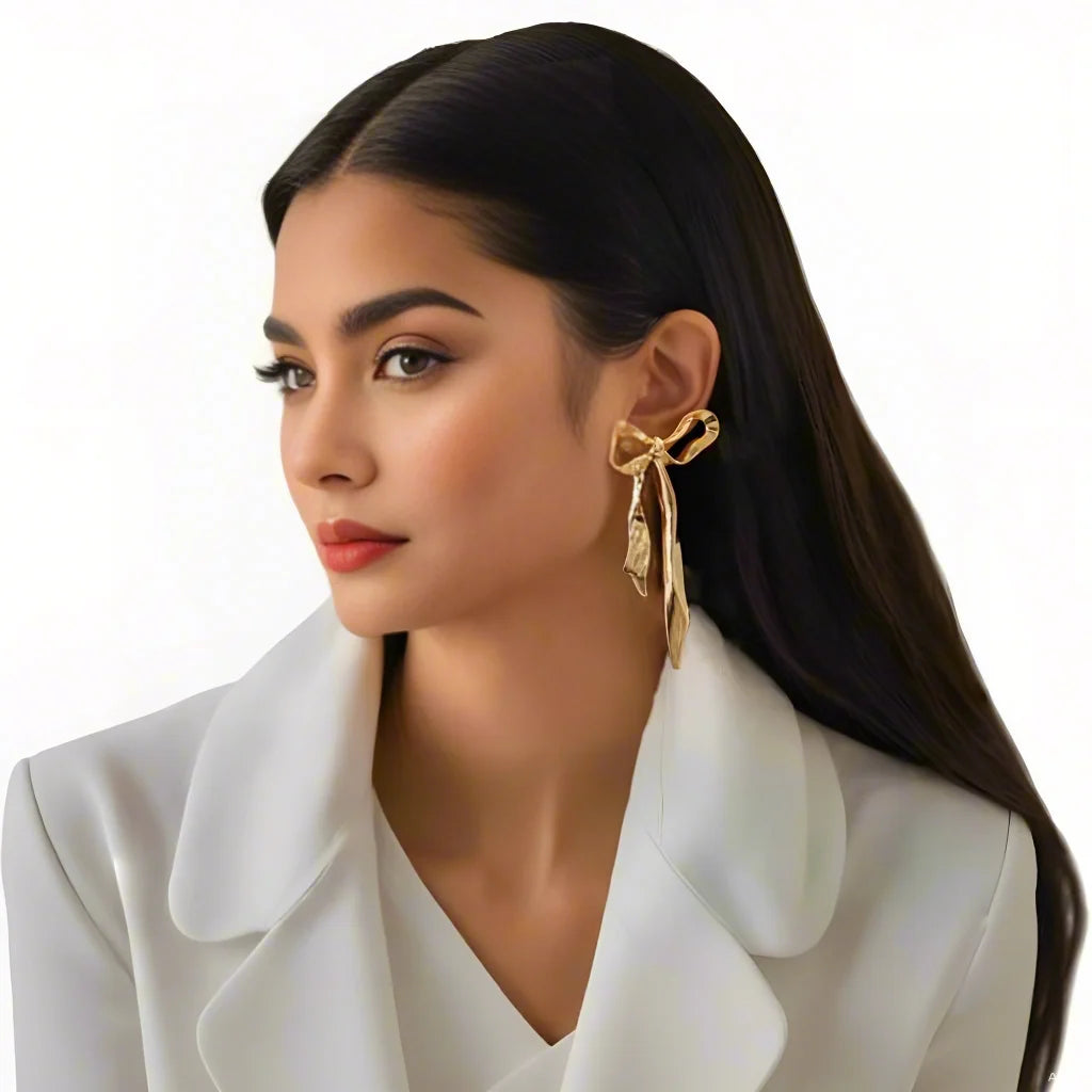 Cute Glossy Metal Large Bow Knot Stud Earrings Jewel for Women Trendy Ladies Fine Accessories on Ear Fashion Jewelry Female Gift