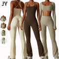 JY Seamless Yoga Set Women Flare Leg Jumpsuit One Piece Workout Bodysuit Backless Scrunch Butt Leggings Flare Yoga Pants Suit