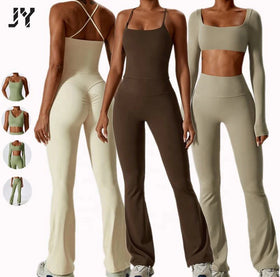 JY Seamless Yoga Set Women Flare Leg Jumpsuit One Piece Workout Bodysuit Backless Scrunch Butt Leggings Flare Yoga Pants Suit