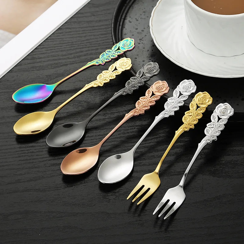 304 Stainless Steel Gold Measuring Coffee/tea Long Tasting Yogurt Spoons Silver Ice Cream Salad Serving Spoon and Fork Sets