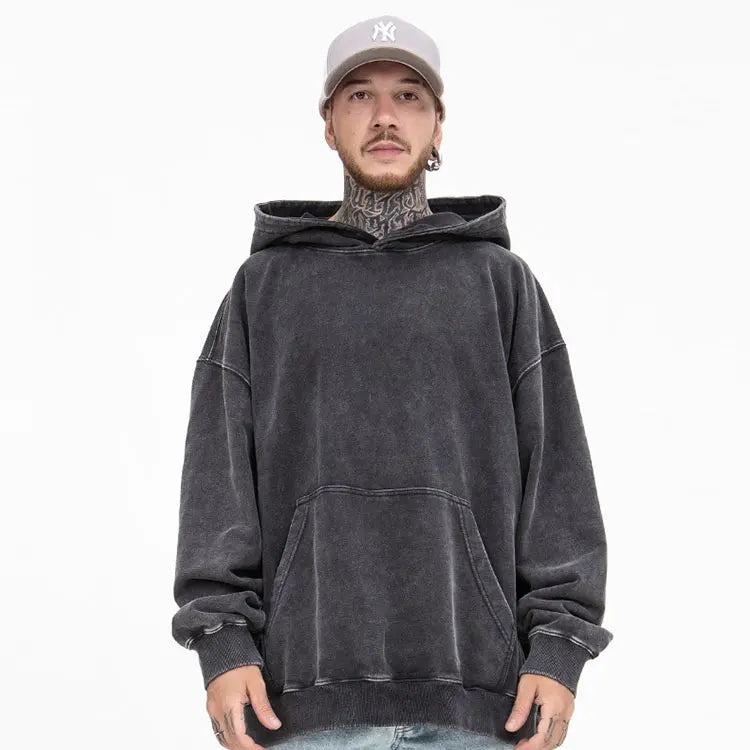 Factory Hot Sale 400G Acid Washed Distressed Hoodies for Men Heavyweight Vintage Sweatshirt Cotton Men Hoody