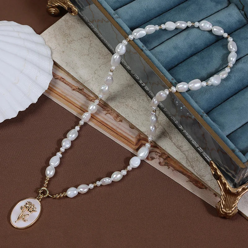 Fresh Water Baroque Irregular Pearl Necklace Fashion Simple Rose Accessories Removable Pendant Necklace