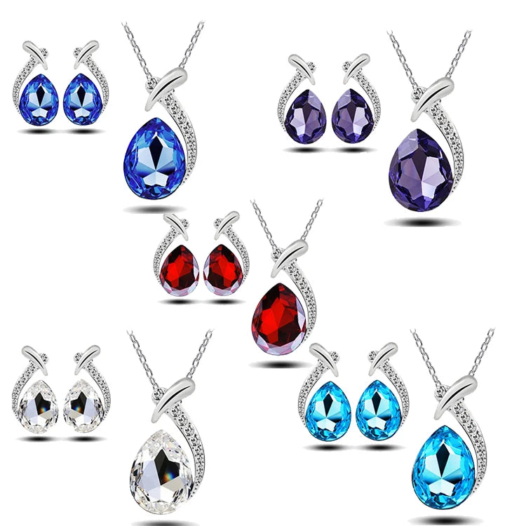 Factory Sale Luxury Austrian Crystal Stud Earring and Water Drop Necklace Jewelry Set for Women