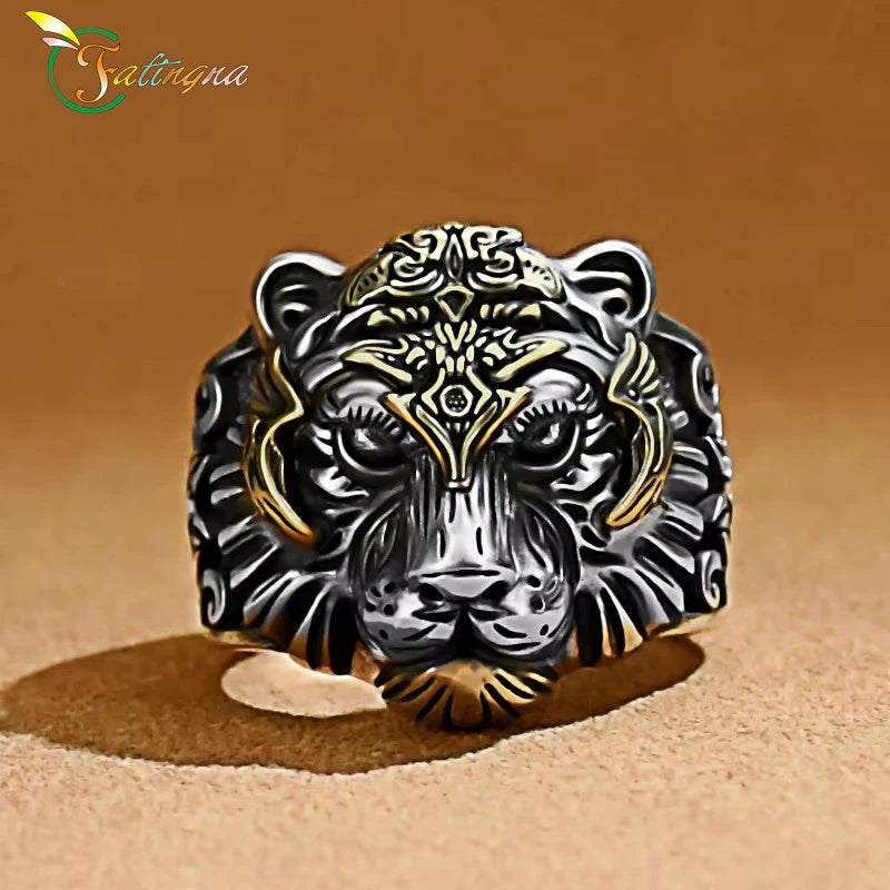 Fatingna Hip Hop Stainless Steel Jewelry Male Sterling Silver Single Domineering Tiger Head Opening Finger Ring for Men
