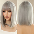 Immediate Delivery Sliver Bob Straight Wigs Shoulder Length Wig with Bangs Synthetic Short Gray Wig for Women Heat Resistant