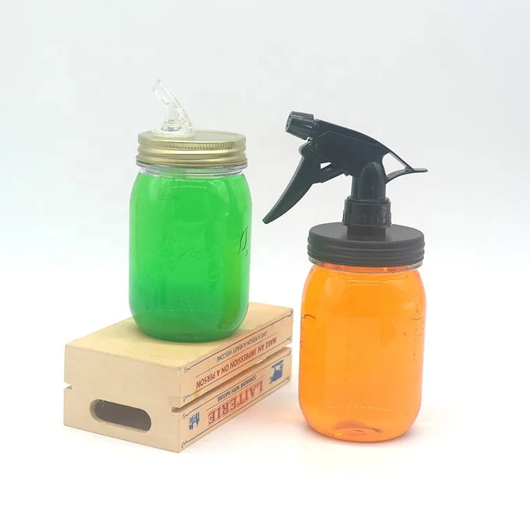 16oz 500ml Plastic PET Mason Jar with Pour Spout Lids Cleaning Trigger Spray Kit Bottle for Home Garden