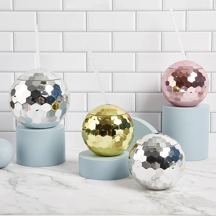 Custom New Design Rainbow Plastic Light up Disco Ball Cup with Straw and Lid Cocktail Drinking Glasses for Party Event