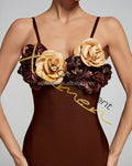 Ocstrade 3D Flowers Design Bandage Dresses for Women Elegant Spaghetti Strap Bodycon Coffee Bandage Cocktail Dresses 2024
