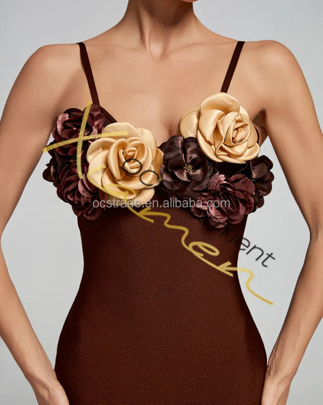 Ocstrade 3D Flowers Design Bandage Dresses for Women Elegant Spaghetti Strap Bodycon Coffee Bandage Cocktail Dresses 2024