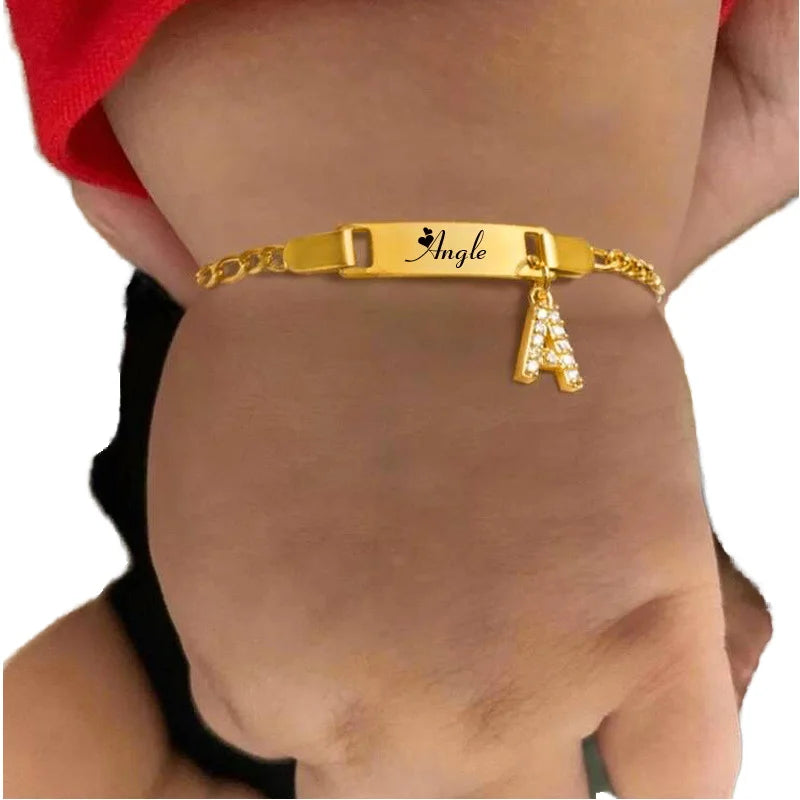 Personalized Simple Stainless Steel DIY Bracelet with Gold Plated Zircon Letter Pendant for Children for Parties