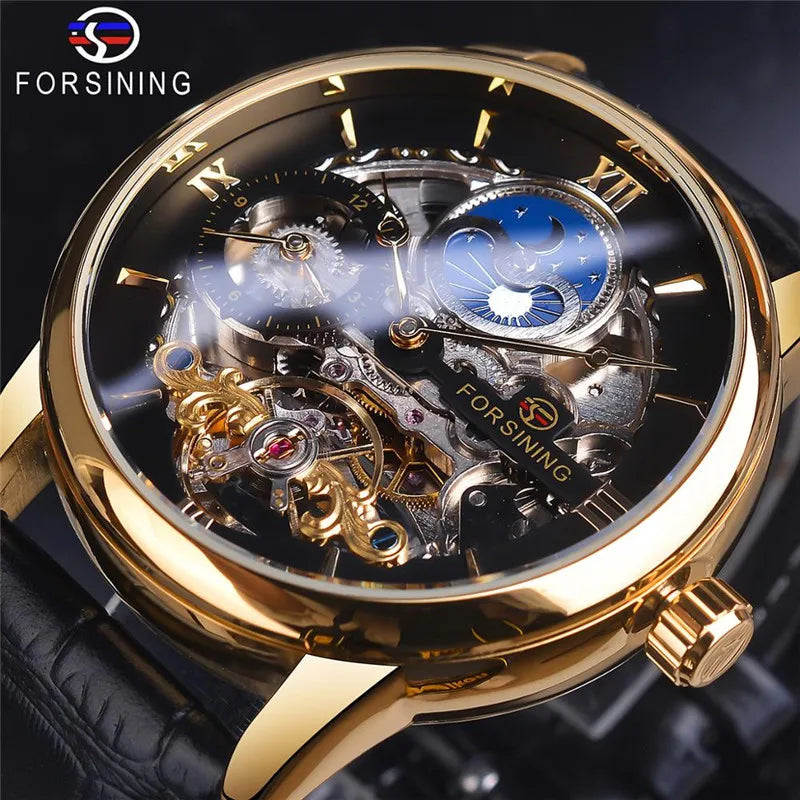 Forsining Men Skeleton Tourbillon Dual Time Zone Dial  Mechanical Watch Casual Sports Waterproof Moon Phase Male Wristwatches