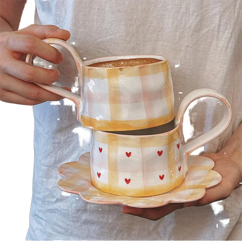 Hand-Painted 350ml Underglaze Ceramic Coffee Cup and Saucer Set Minimalist Breakfast Milk Cup with Tray for Dessert Breakfast