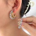 Luxury White Cubic Zirconia Curve Stainless Steel Hoop Earrings Chic Irregular Gold Plated C-Shaped Ear Stud Daily Wear