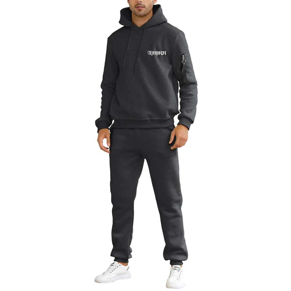 OEM Men Printed Breathable Drawstring Long Sleeve Terry Hooded Sweatshirt Joggers 2 Piece Winter Casual Tracksuit with Pocket