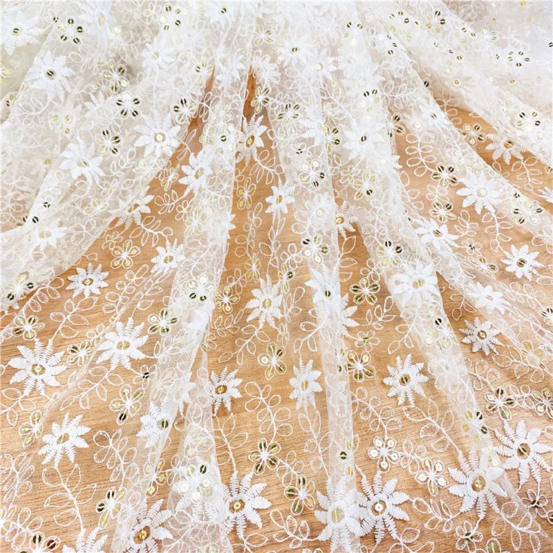 90*125cm Soluble Shabby Flower Lace for DressWedding Embroidered Diy Sequin Mesh Fabric Handmade Sewing Supplies Crafts