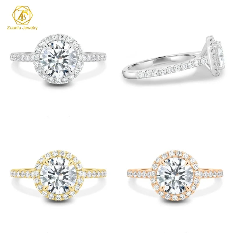 Factory Wholesale Hot Sale 925 Silver Vvs Moissanite Round Cut Diamond Halo Promise Engagement Wedding Ring Fine Jewelry Women