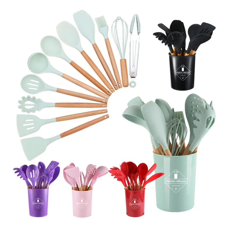 12 Pieces in 1 Set Kitchenware Wooden Handles Utensilios De Cocina Kitchen Accessories Silicone Spatula Cooking Utensil Set