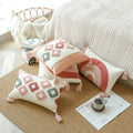 Boho Chic Pink Rainbow Circle Pillow Cover - Tufted Embroidery  Macrame Cotton Canvas  for Morocco India Style 18x18 Inches